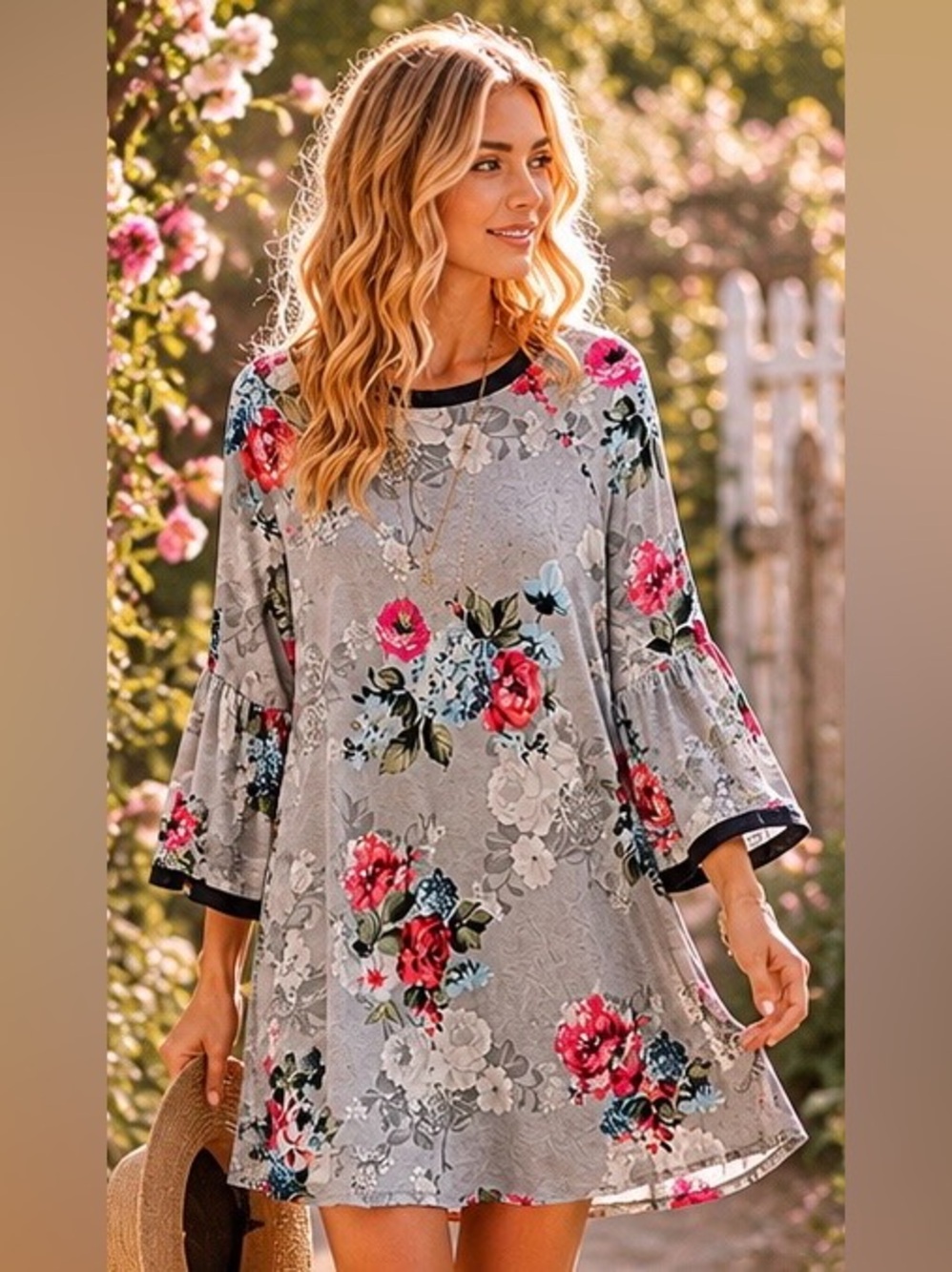 Boho Cottagecore Floral Swing Dress | Gray, Red, Pink, Blue, Bell Sleeve Tunic
